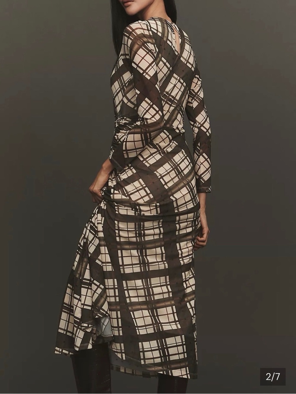 Anthropologie Ruched Mesh Midi Dress NWT XS Brown Plaid Long Sleeve Asymmetrical - Picture 3 of 8
